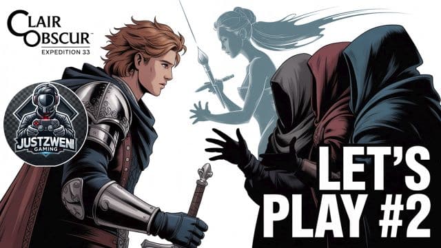 Thumbnail zum zweiten Let’s Play von Clair Obscur: Expedition 33 – ein Fantasy-Charakter spricht mit drei mysteriösen Personen, im Bild das offizielle Spiel-Logo und der Hinweis 'Let’s Play' eingeblendet
