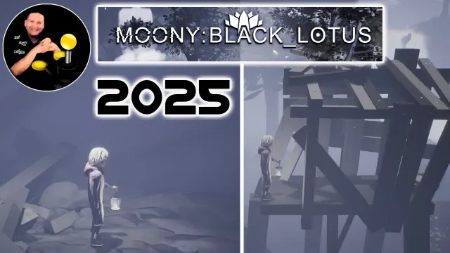 „MOONY:Black_Lotus – Spielszenen aus der Demo mit dem Schriftzug des Spiels und der Jahreszahl 2025 im Fokus“