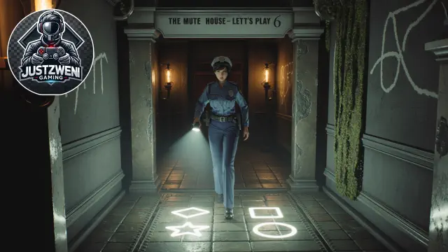a woman in a police uniform walking in a hallway