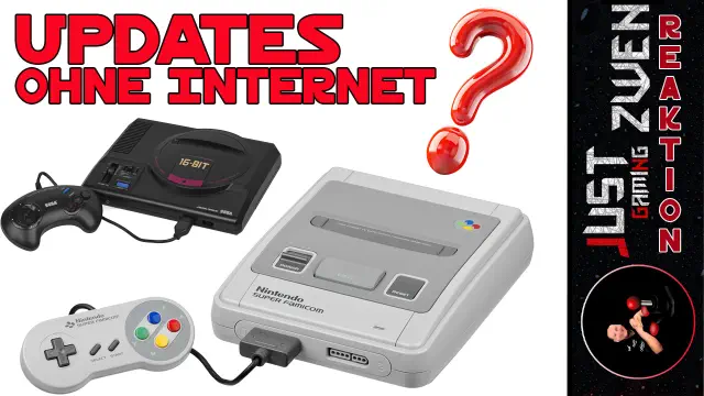 "Thumbnail mit Super Nintendo und Sega Megadrive, Schriftzug 'Updates ohne Internet' und rotem Fragezeichen"