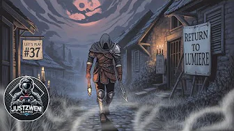 a man in a hood walking on a path with a glowing sword